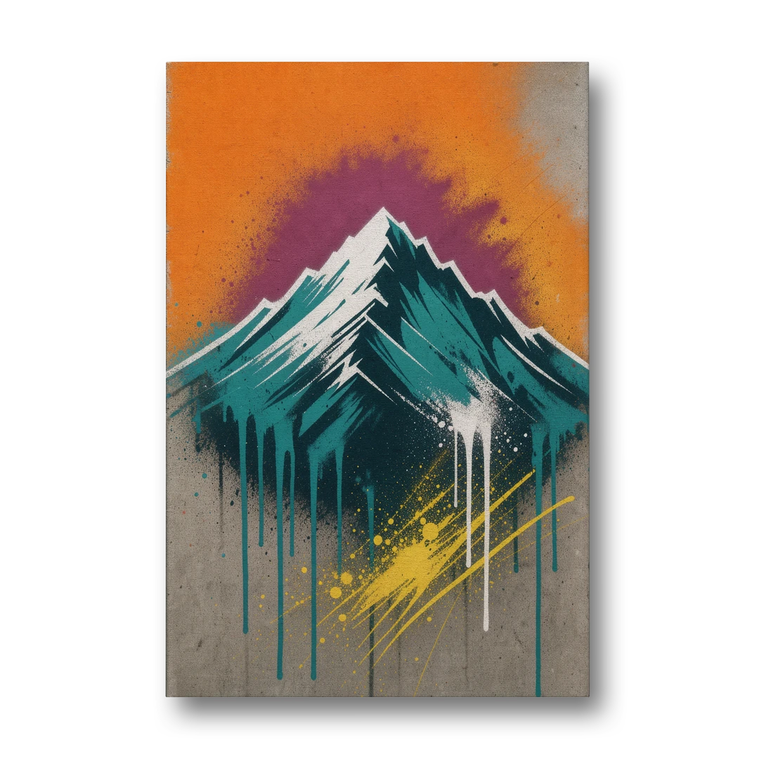 Modern Teal Drip Mountain Under Orange Sky - Canvas Wall Art - Front