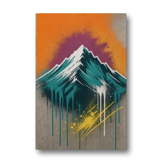 Modern Teal Drip Mountain Under Orange Sky - Canvas Wall Art - Front