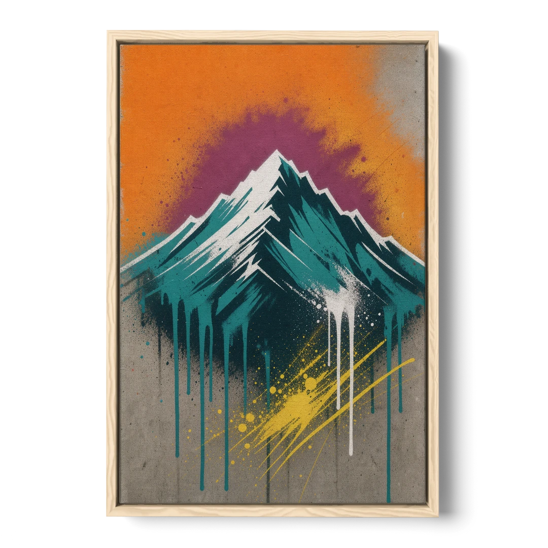 Modern Teal Drip Mountain Under Orange Sky - Oak Framed Canvas Wall Art - Front