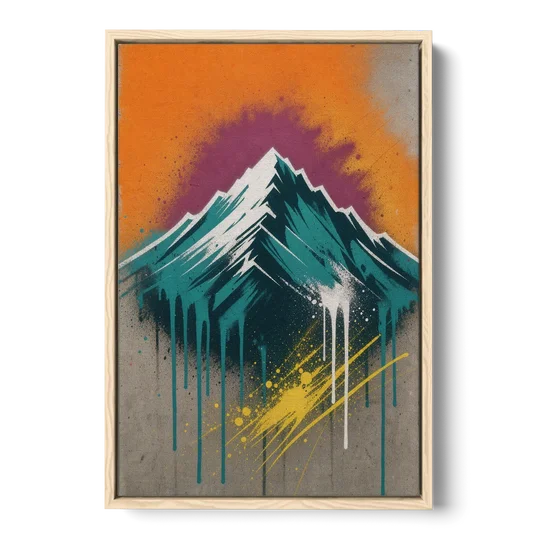Modern Teal Drip Mountain Under Orange Sky - Oak Framed Canvas Wall Art - Front