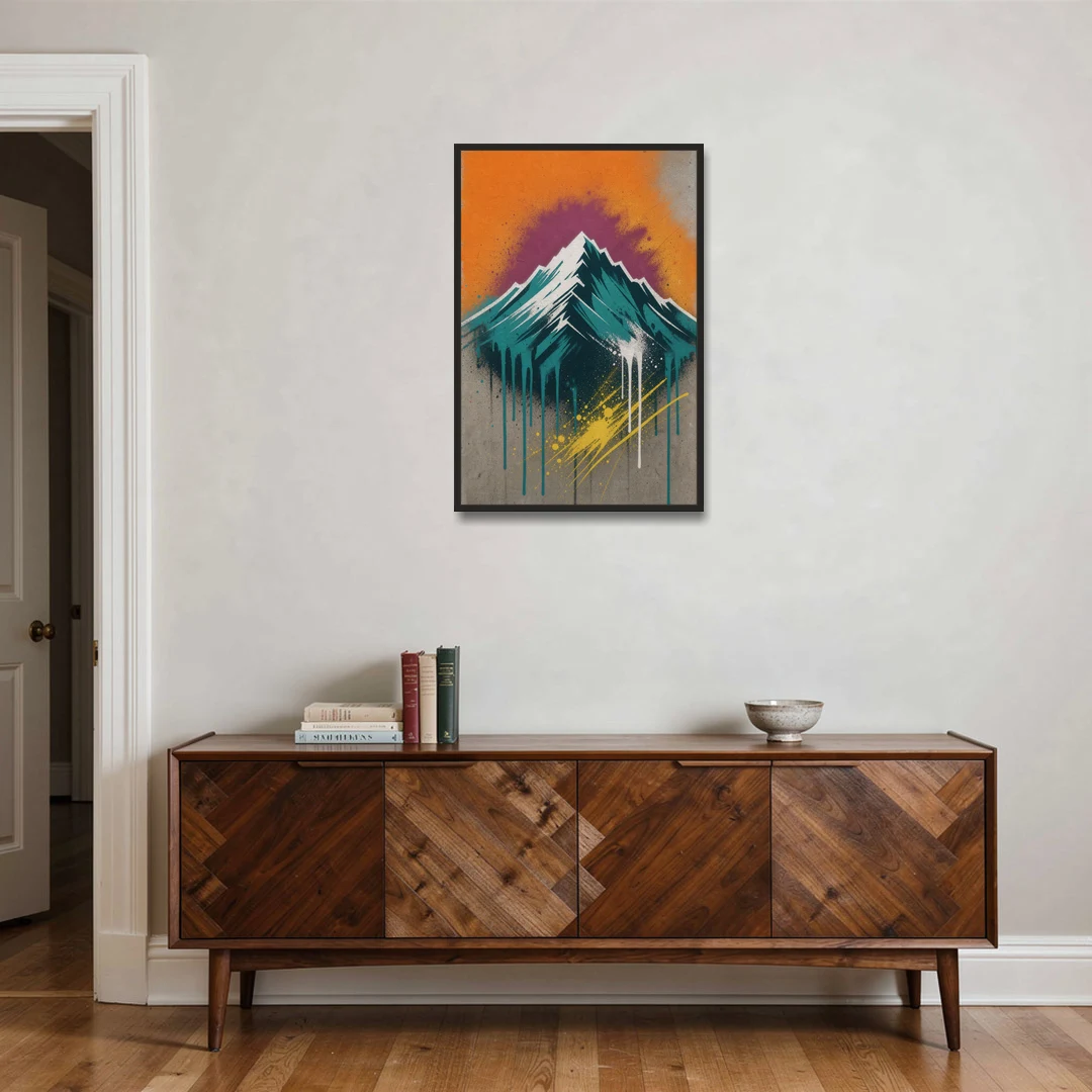 Modern Teal Drip Mountain Under Orange Sky - Black Framed Canvas Wall Art - Coffee Table - 24x36