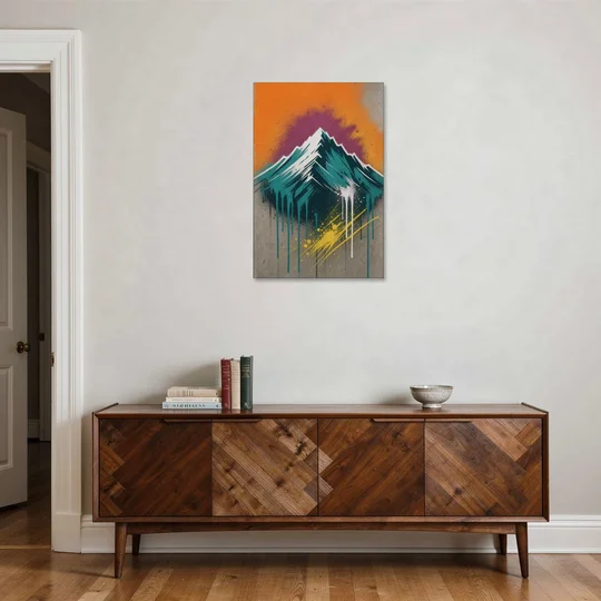 Modern Teal Drip Mountain Under Orange Sky - Canvas Wall Art - Coffee Table - 24x36
