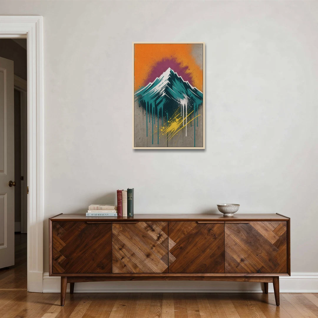 Modern Teal Drip Mountain Under Orange Sky - Oak Framed Canvas Wall Art - Coffee Table - 24x36
