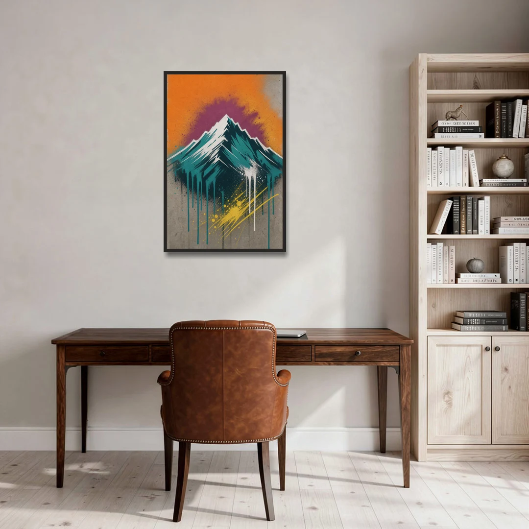 Modern Teal Drip Mountain Under Orange Sky - Black Framed Canvas Wall Art - Office - 24x36