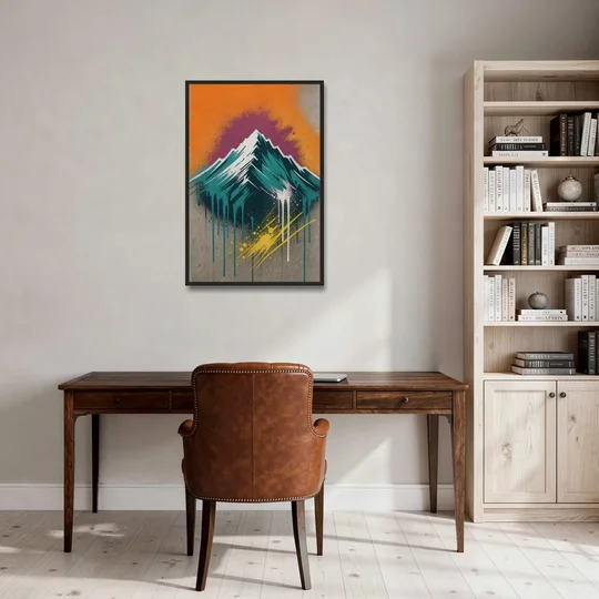Modern Teal Drip Mountain Under Orange Sky - Black Framed Canvas Wall Art - Office - 24x36