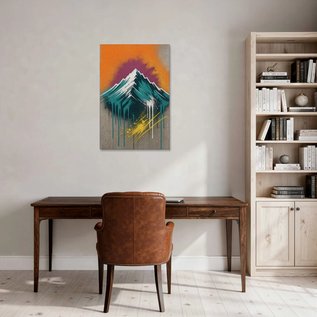 Modern Teal Drip Mountain Under Orange Sky - Canvas Wall Art - Office - 24x36