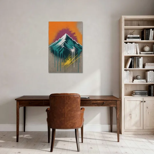 Modern Teal Drip Mountain Under Orange Sky - Canvas Wall Art - Office - 24x36