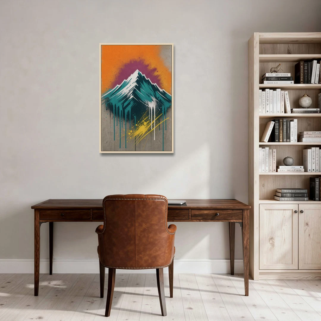 Modern Teal Drip Mountain Under Orange Sky - Oak Framed Canvas Wall Art - Office - 24x36