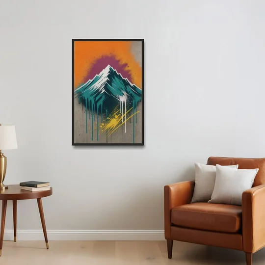 Modern Teal Drip Mountain Under Orange Sky - Black Framed Canvas Wall Art - Sofa - 24x36