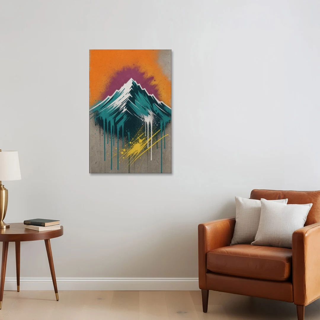 Modern Teal Drip Mountain Under Orange Sky - Canvas Wall Art - Sofa - 24x36