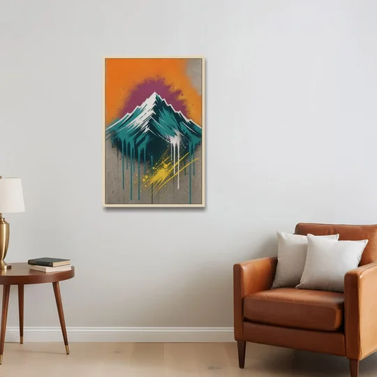 Modern Teal Drip Mountain Under Orange Sky - Oak Framed Canvas Wall Art - Sofa - 24x36