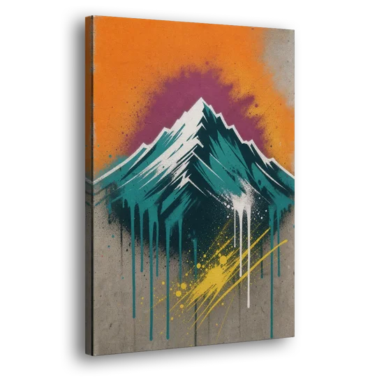 Modern Teal Drip Mountain Under Orange Sky - Canvas Wall Art - Side