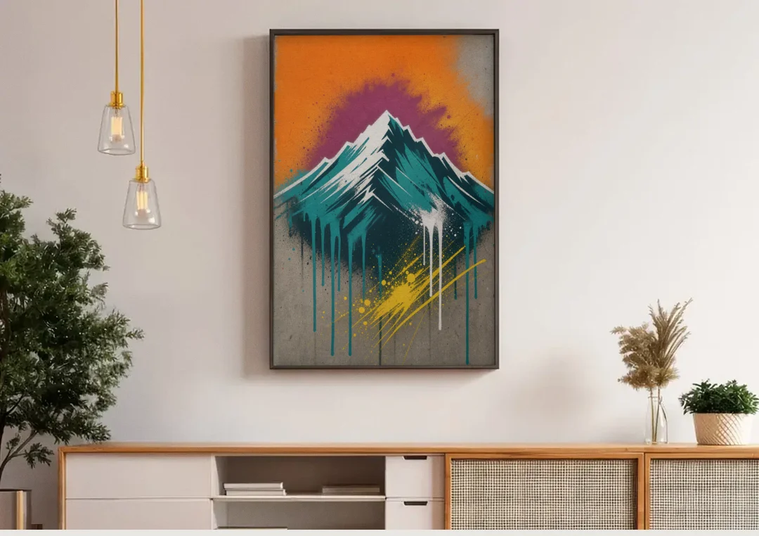Modern Teal Drip Mountain Under Orange Sky canvas wall art above a wooden sideboard under pendant lights