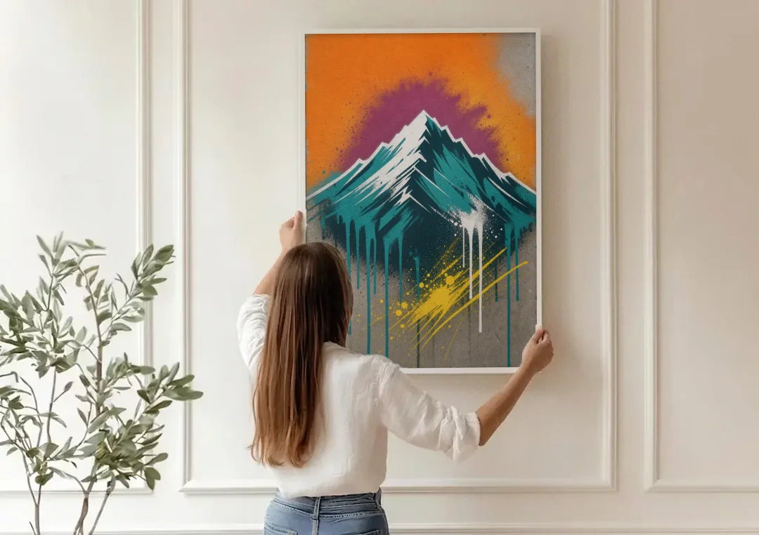 Modern Teal Drip Mountain Under Orange Sky canvas wall art being hung on a paneled wall