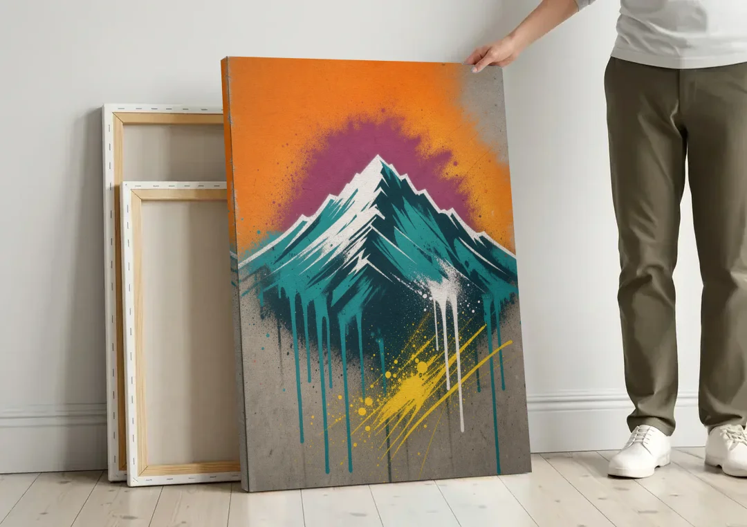 Modern Teal Drip Mountain Under Orange Sky canvas wall art leaning against a wall next to blank canvases