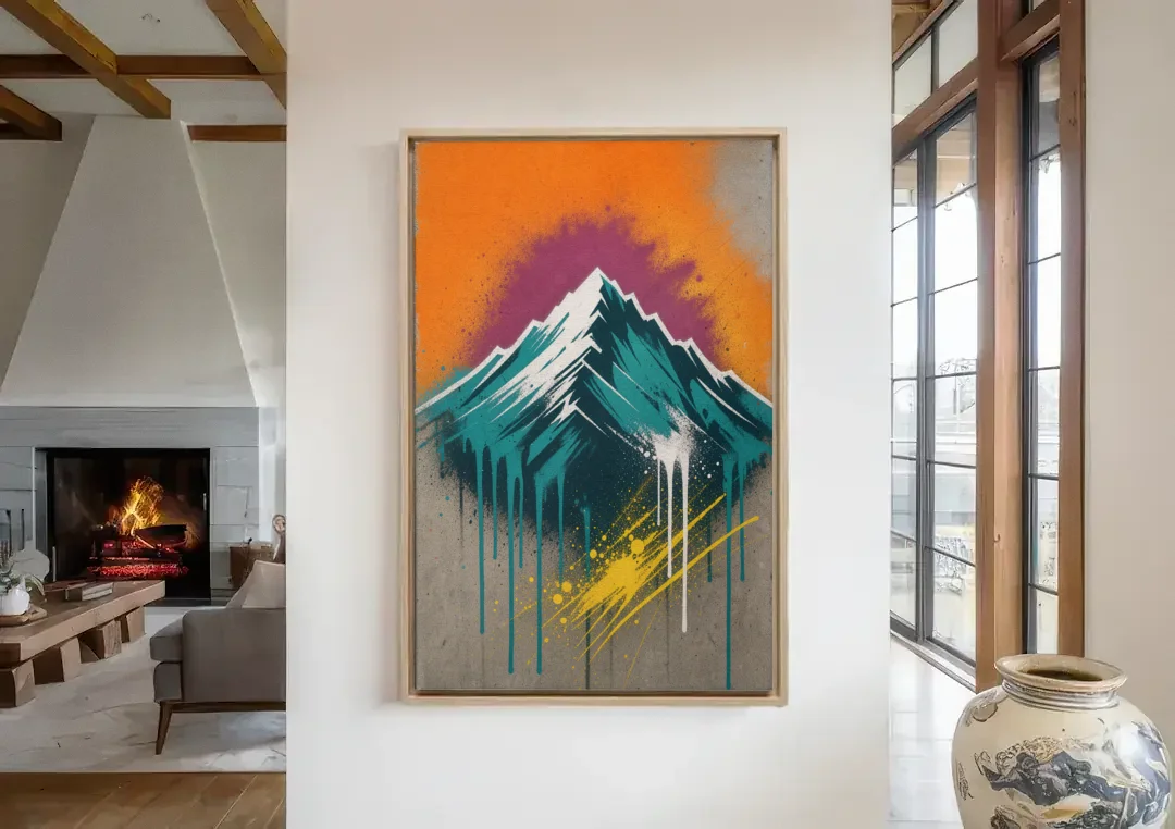Modern Teal Drip Mountain Under Orange Sky canvas wall art in a living room with a fireplace