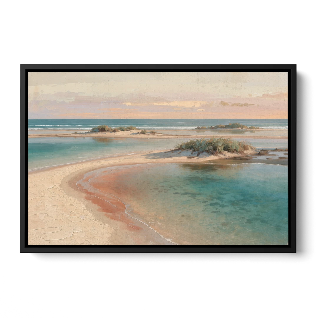 Teal Lagoon Sandbar for a Spa Like Bedroom - Black Framed Canvas Wall Art - Front
