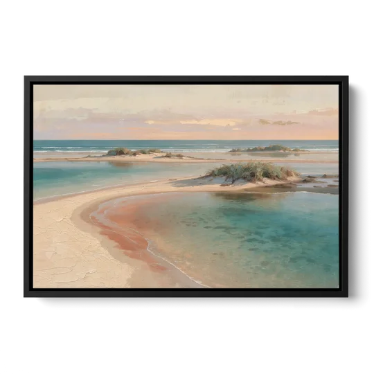 Teal Lagoon Sandbar for a Spa Like Bedroom - Black Framed Canvas Wall Art - Front
