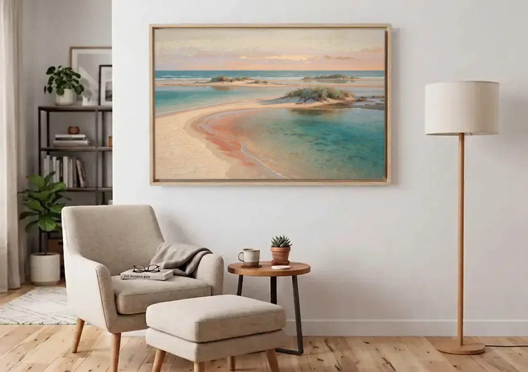 Teal Lagoon Sandbar for a Spa Like Bedroom canvas wall art above an armchair in a bright living room