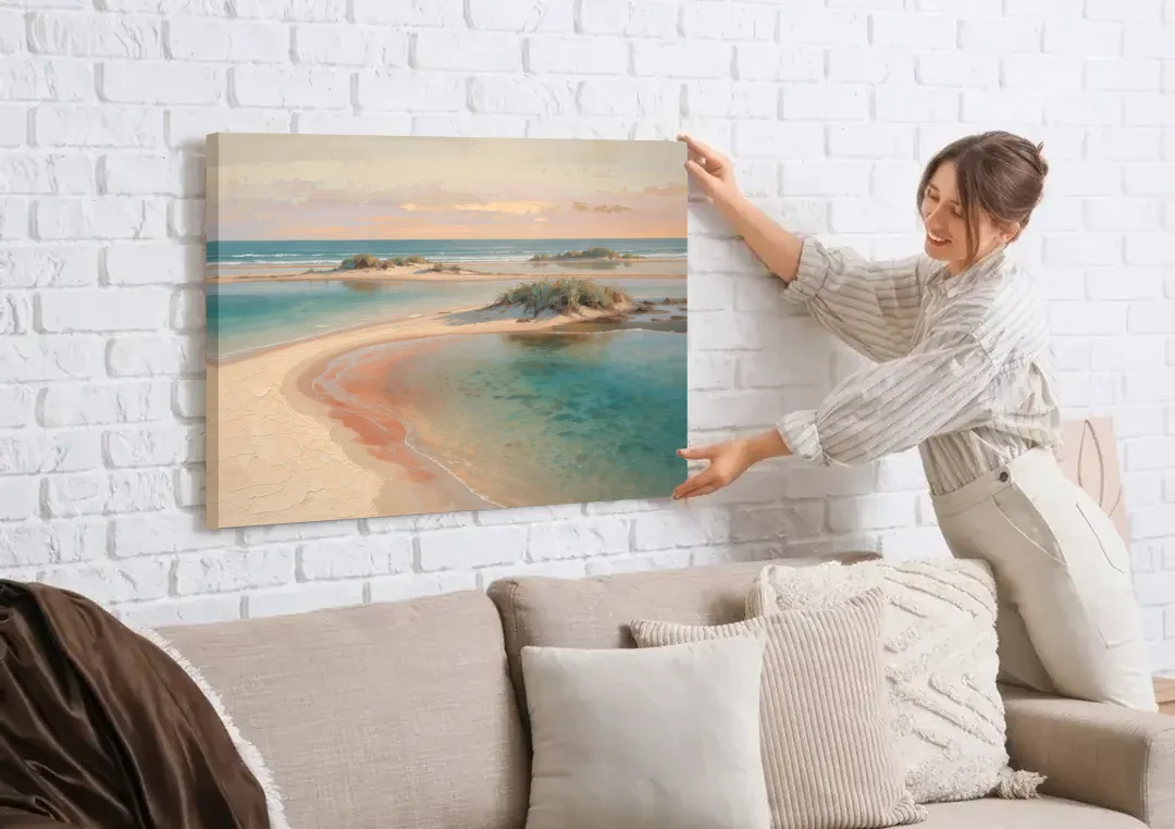 Teal Lagoon Sandbar for a Spa Like Bedroom canvas wall art being hung on a white brick wall above a sofa