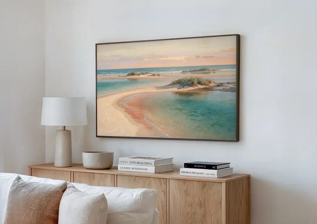 Teal Lagoon Sandbar for a Spa Like Bedroom canvas wall art above a wooden sideboard next to a sofa