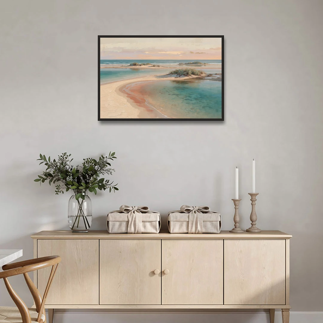 Teal Lagoon Sandbar for a Spa Like Bedroom - Black Framed Canvas Wall Art - Coffee Table - 36x24
