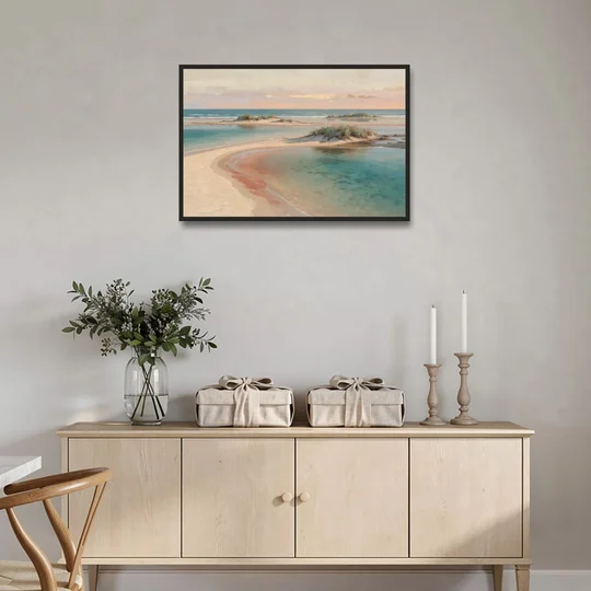 Teal Lagoon Sandbar for a Spa Like Bedroom - Black Framed Canvas Wall Art - Coffee Table - 36x24