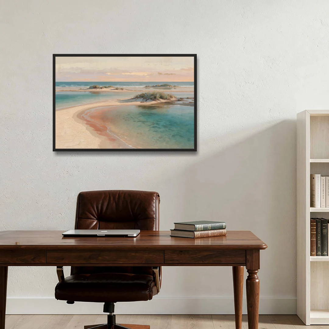 Teal Lagoon Sandbar for a Spa Like Bedroom - Black Framed Canvas Wall Art - Office - 36x24