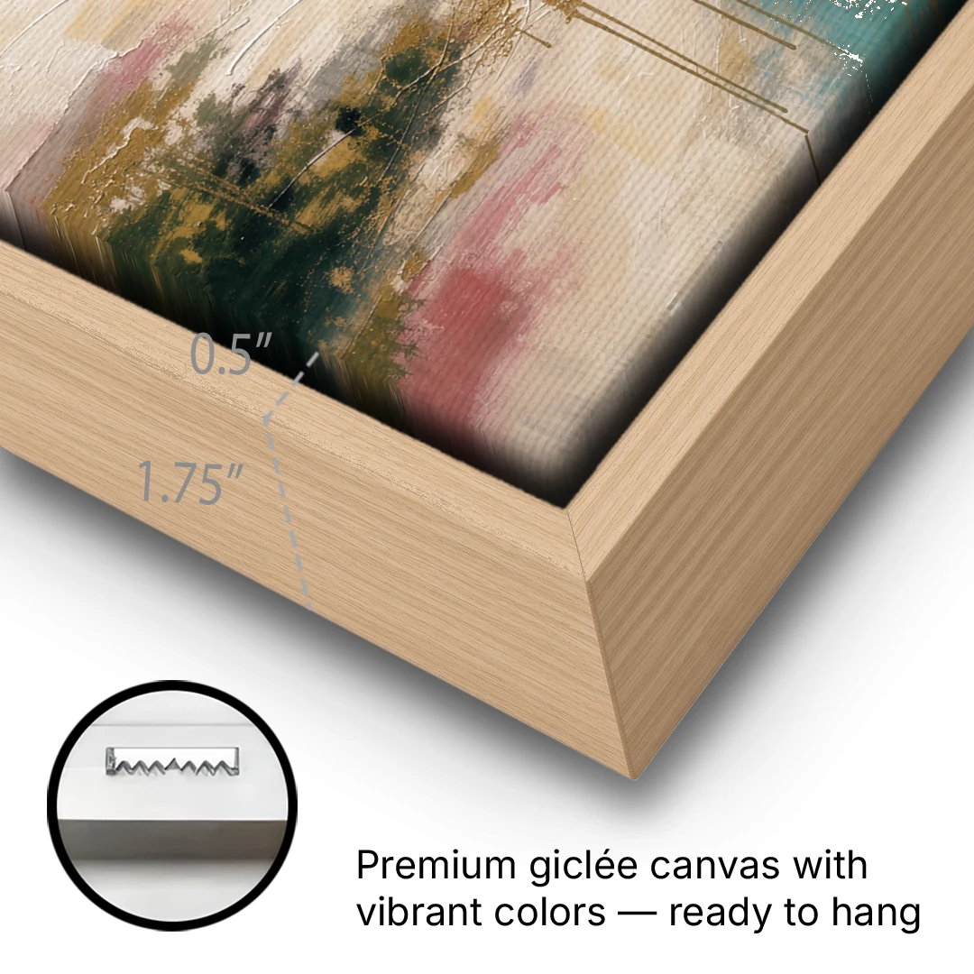 Teal Lagoon With Gold Drip Outflow - Oak Framed Canvas Wall Art - Gallery Wrap Corner