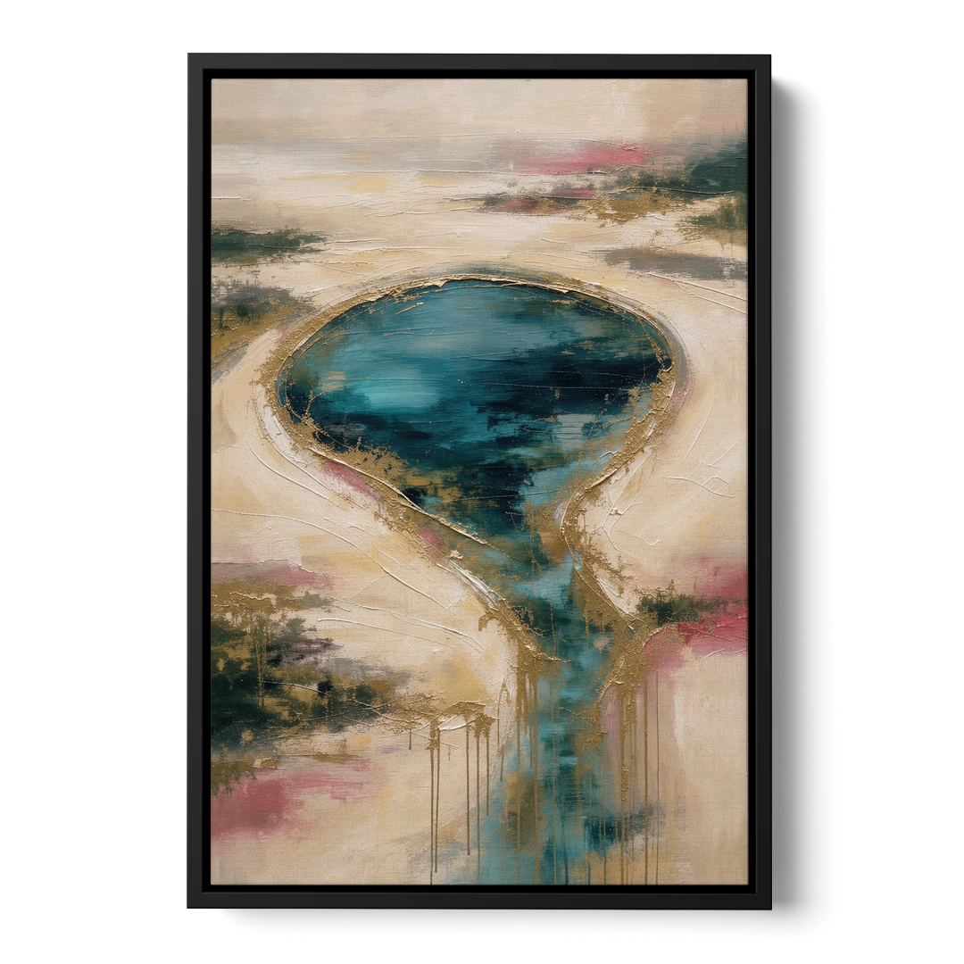 Teal Lagoon With Gold Drip Outflow - Black Framed Canvas Wall Art - Front
