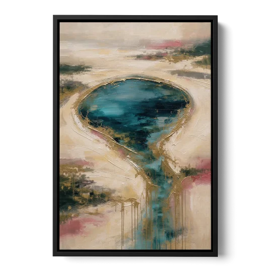 Teal Lagoon With Gold Drip Outflow - Black Framed Canvas Wall Art - Front