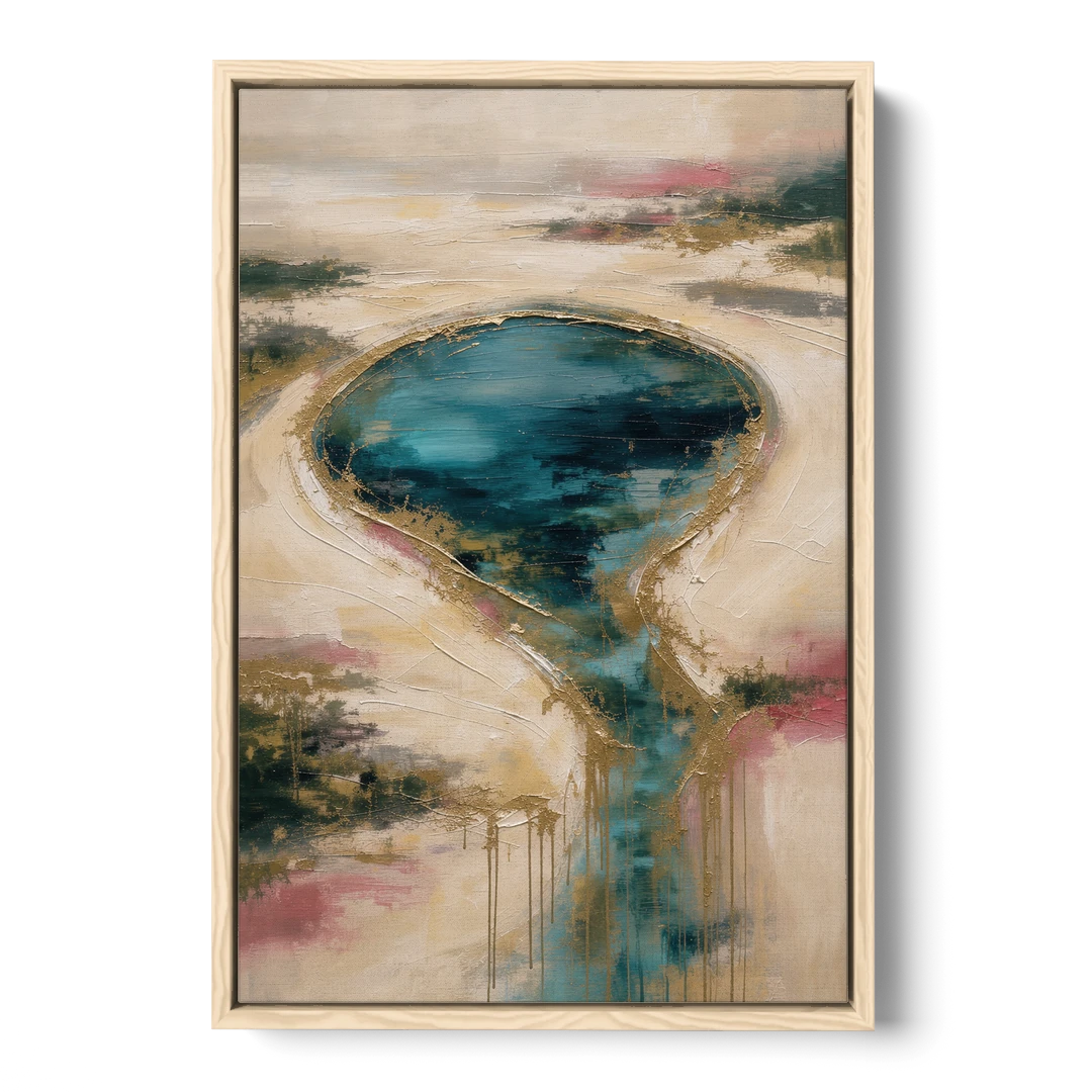 Teal Lagoon With Gold Drip Outflow - Oak Framed Canvas Wall Art - Front