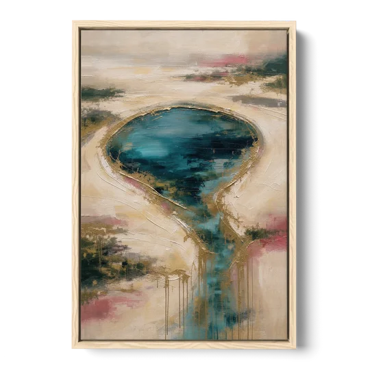 Teal Lagoon With Gold Drip Outflow - Oak Framed Canvas Wall Art - Front
