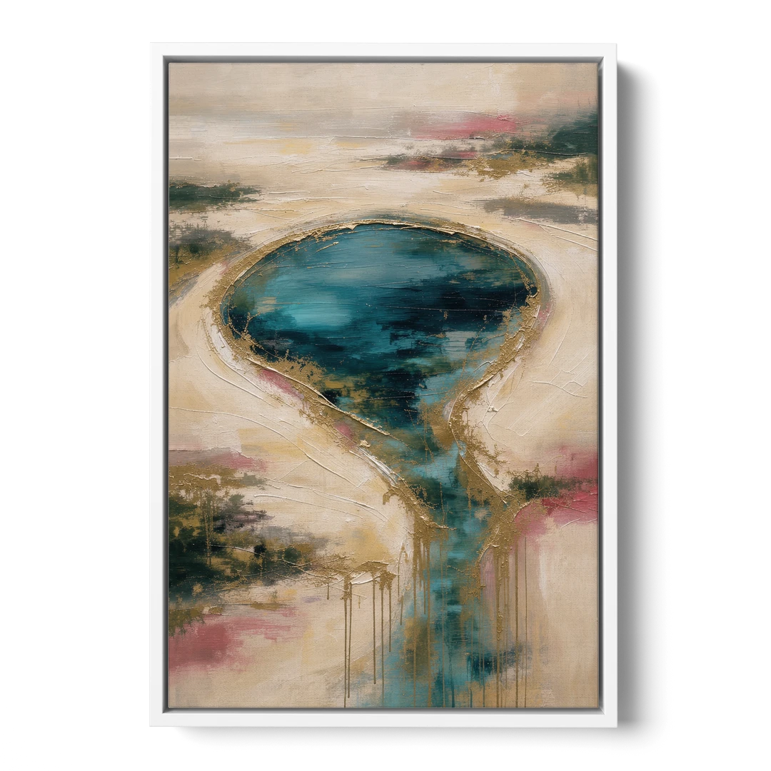Teal Lagoon With Gold Drip Outflow - White Framed Canvas Wall Art - Front