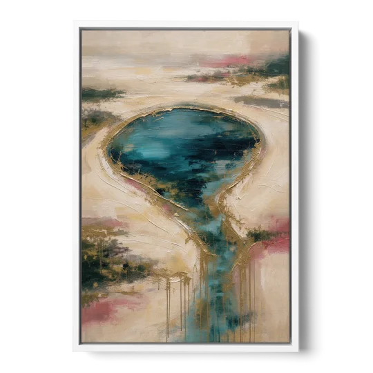 Teal Lagoon With Gold Drip Outflow - White Framed Canvas Wall Art - Front