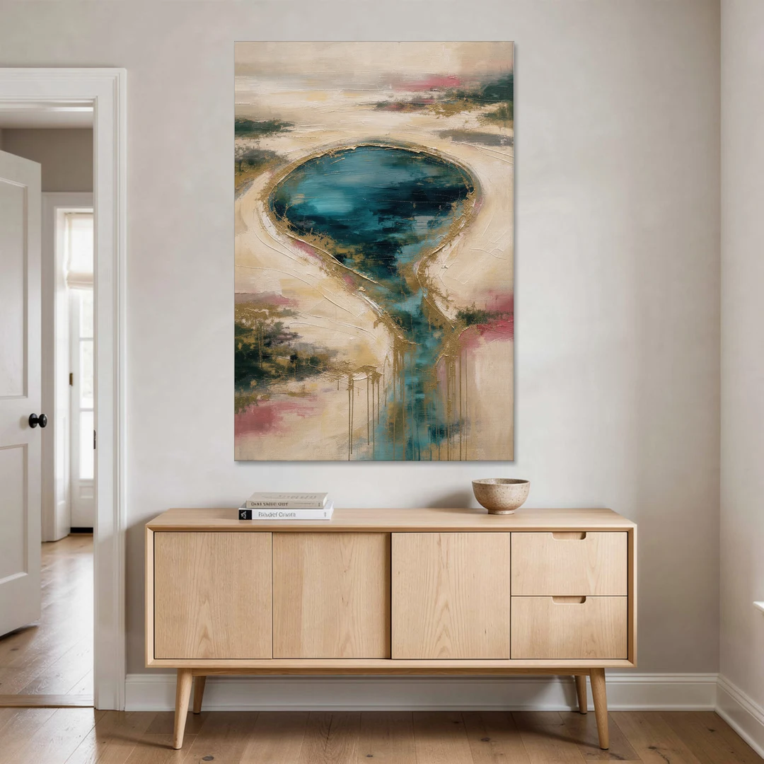 Teal Lagoon With Gold Drip Outflow - Canvas Wall Art - Coffee Table - 40x60