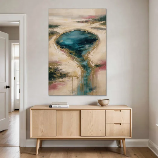 Teal Lagoon With Gold Drip Outflow - Canvas Wall Art - Coffee Table - 40x60
