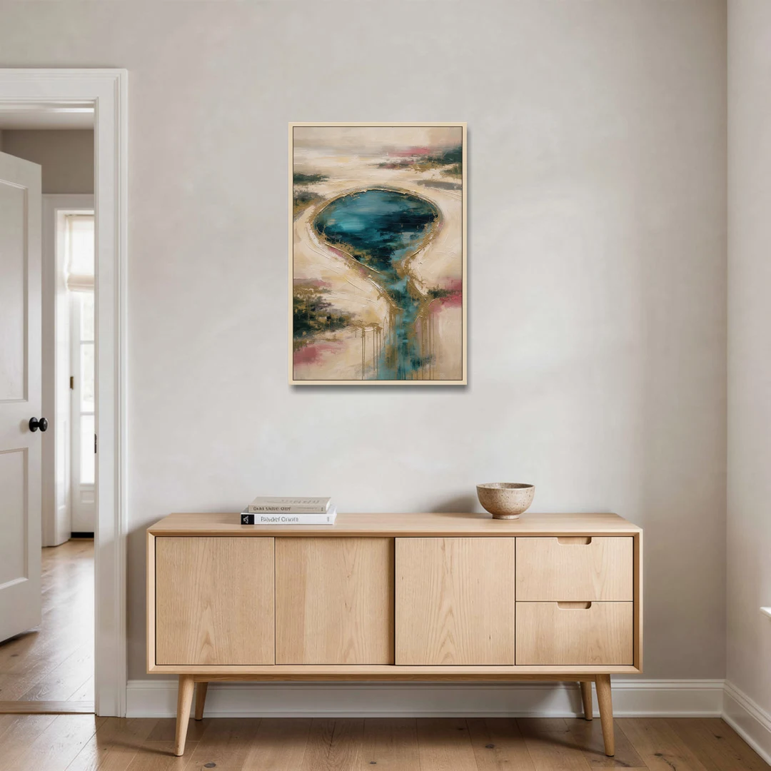 Teal Lagoon With Gold Drip Outflow - Oak Framed Canvas Wall Art - Coffee Table - 24x36