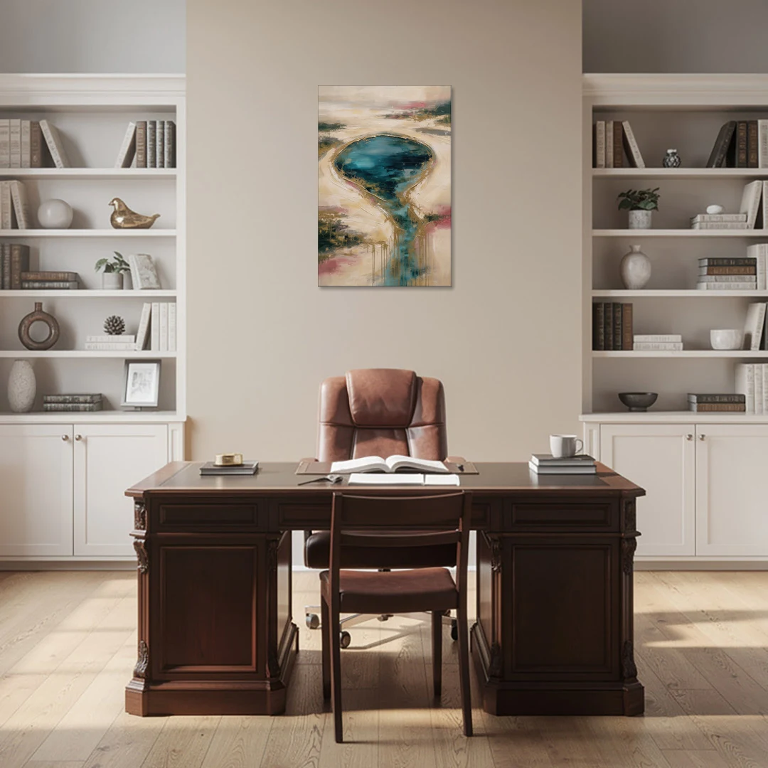 Teal Lagoon With Gold Drip Outflow - Canvas Wall Art - Office - 24x36