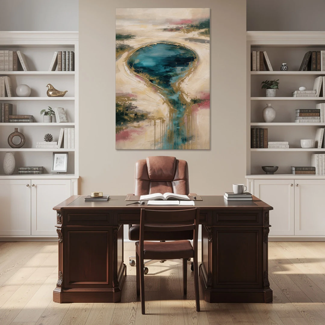 Teal Lagoon With Gold Drip Outflow - Canvas Wall Art - Office - 40x60