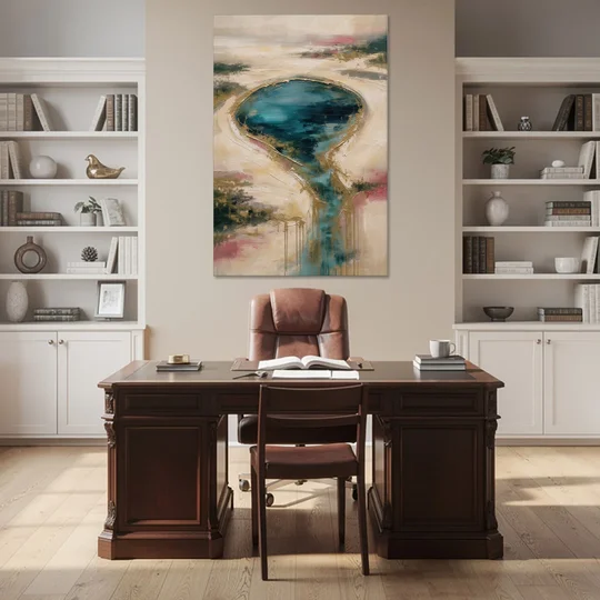 Teal Lagoon With Gold Drip Outflow - Canvas Wall Art - Office - 40x60