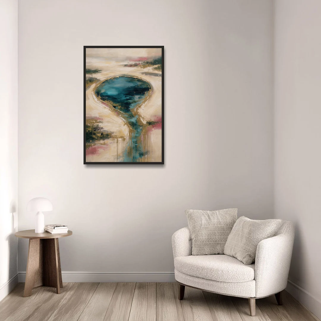 Teal Lagoon With Gold Drip Outflow - Black Framed Canvas Wall Art - Sofa - 24x36