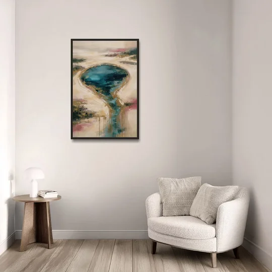 Teal Lagoon With Gold Drip Outflow - Black Framed Canvas Wall Art - Sofa - 24x36