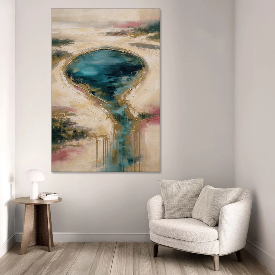 Teal Lagoon With Gold Drip Outflow - Canvas Wall Art - Sofa - 40x60