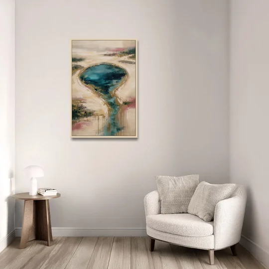 Teal Lagoon With Gold Drip Outflow - Oak Framed Canvas Wall Art - Sofa - 24x36