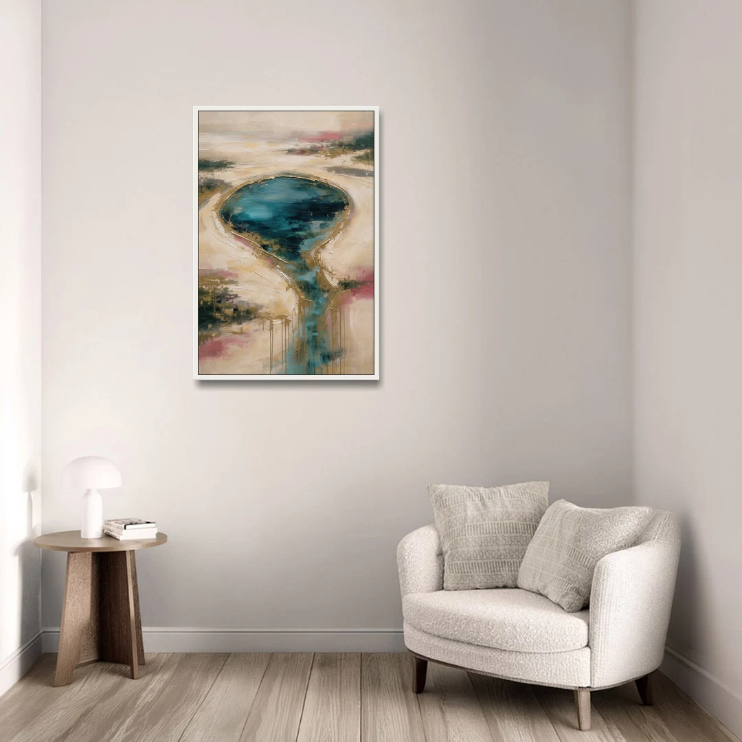Teal Lagoon With Gold Drip Outflow - White Framed Canvas Wall Art - Sofa - 24x36