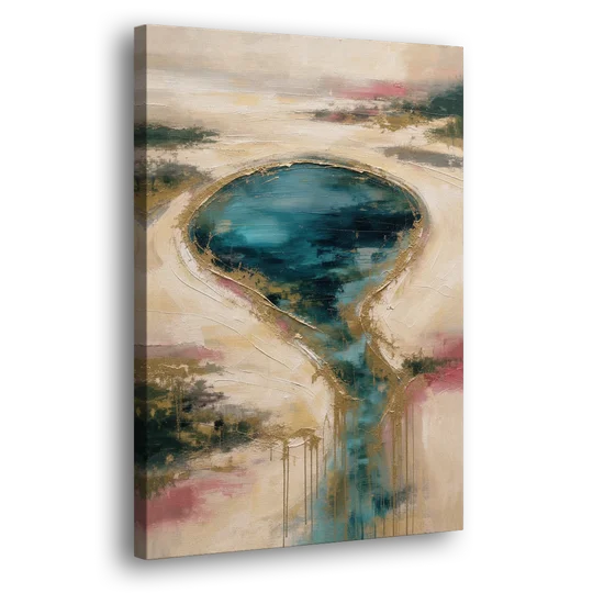 Teal Lagoon With Gold Drip Outflow - Canvas Wall Art - Side