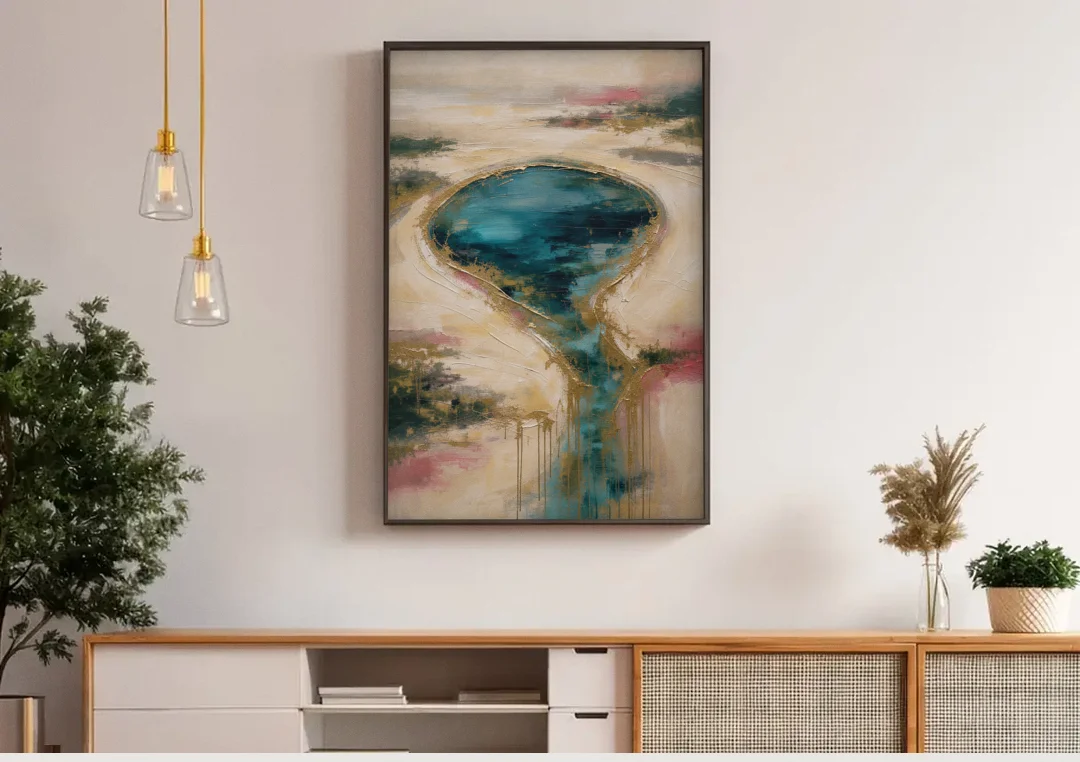 Teal Lagoon With Gold Drip Outflow canvas wall art above a wooden sideboard under pendant lights