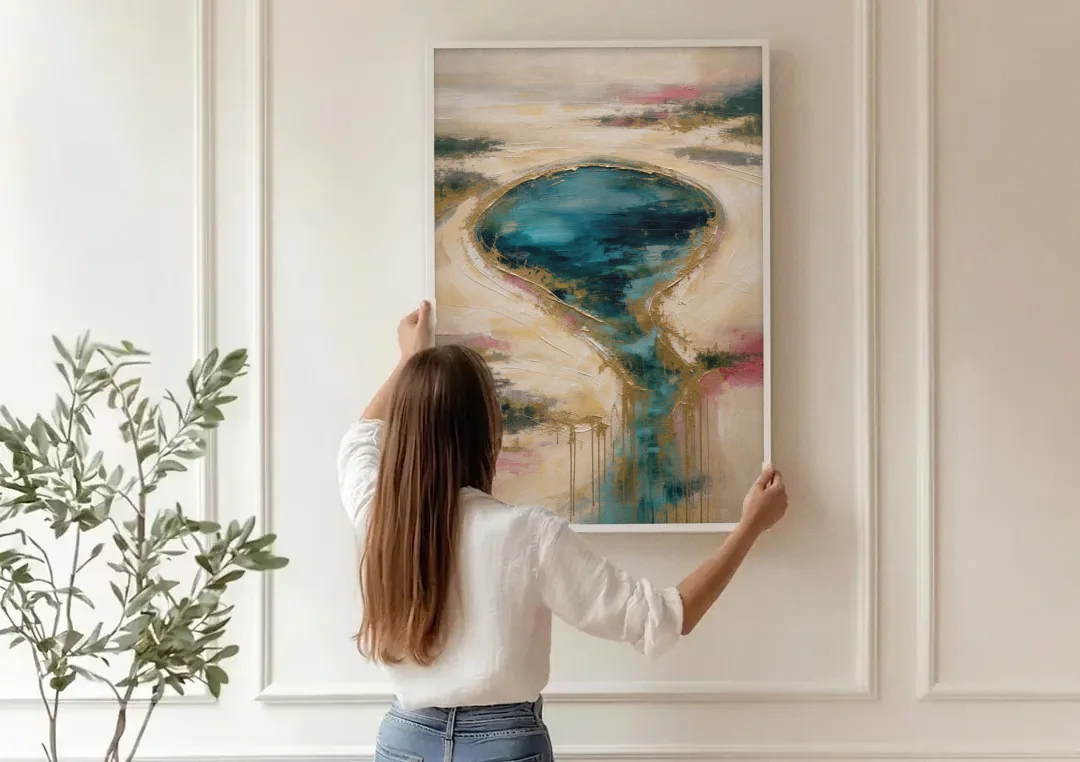 Teal Lagoon With Gold Drip Outflow canvas wall art being hung on a paneled wall