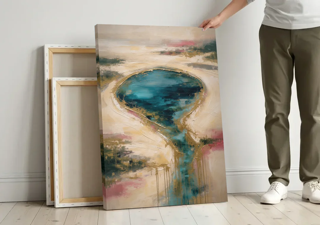 Teal Lagoon With Gold Drip Outflow canvas wall art leaning against a wall next to blank canvases